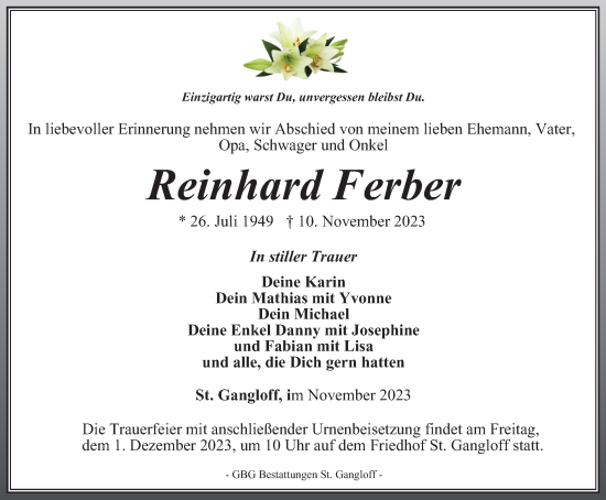 Traueranzeige von Reinhard Ferber von Ostthüringer Zeitung