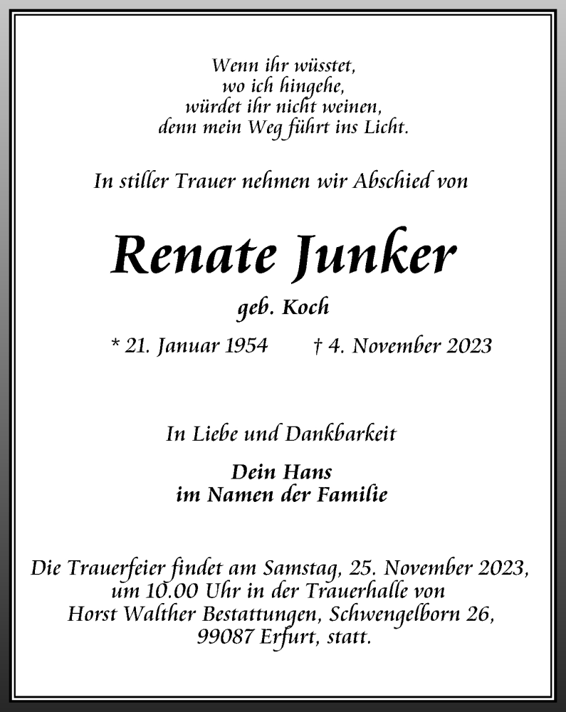  Traueranzeige für Renate Junker vom 11.11.2023 aus Thüringer Allgemeine, Thüringische Landeszeitung
