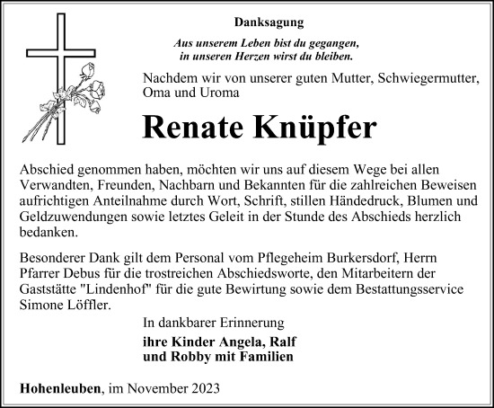 Traueranzeige von Renate Knüpfer von Ostthüringer Zeitung