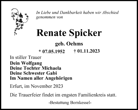 Traueranzeige von Renate Spicker