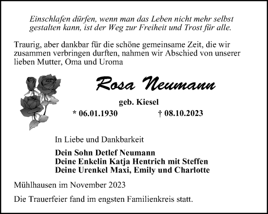 Traueranzeige von Rosa Neumann von Thüringer Allgemeine, Thüringische Landeszeitung