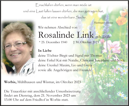 Traueranzeige von Rosalinde Link von Thüringer Allgemeine