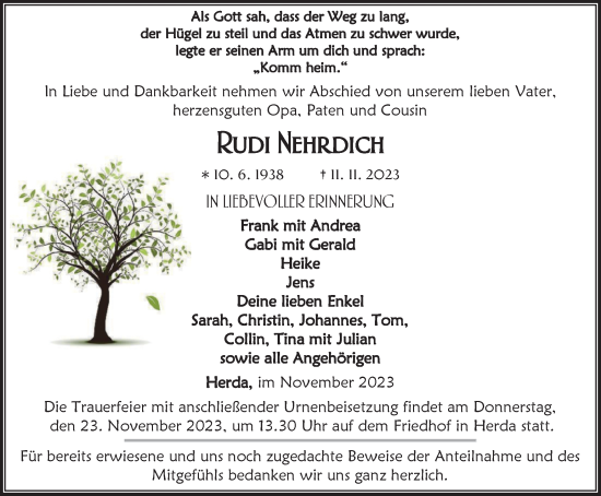 Traueranzeige von Rudi Nehrdich von Thüringer Allgemeine, Thüringische Landeszeitung