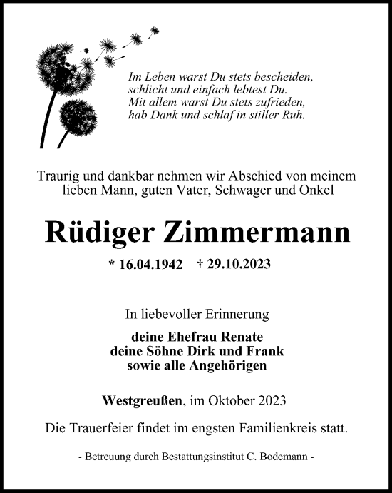 Traueranzeige von Rüdiger Zimmermann