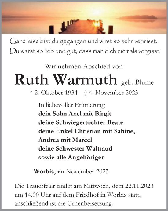 Traueranzeige von Ruth Warmuth von Thüringer Allgemeine