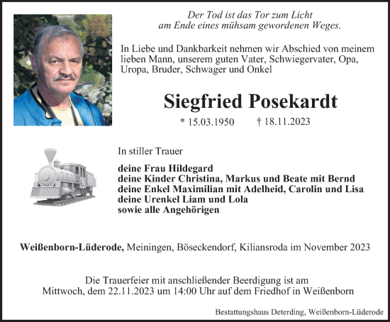 Traueranzeige von Siegfried Posekardt von Thüringer Allgemeine