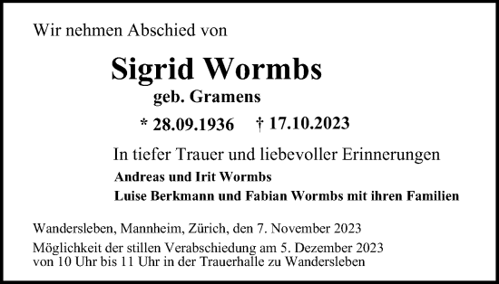 Traueranzeige von Sigrid Wormbs von Thüringer Allgemeine, Thüringische Landeszeitung