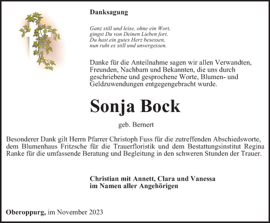 Traueranzeige von Sonja Bock von Ostthüringer Zeitung