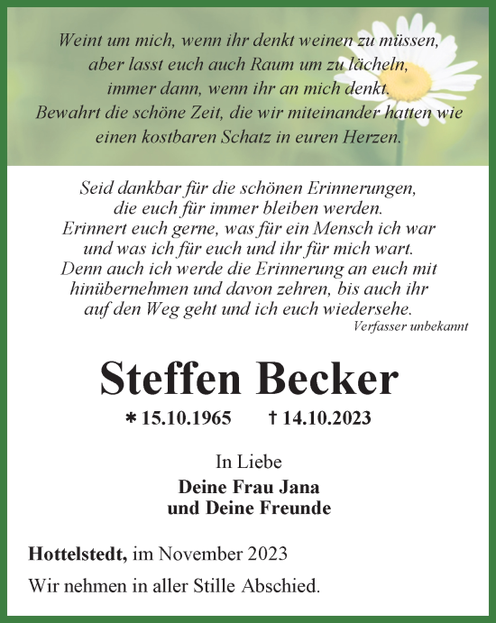 Traueranzeige von Steffen Becker von Thüringer Allgemeine, Thüringische Landeszeitung