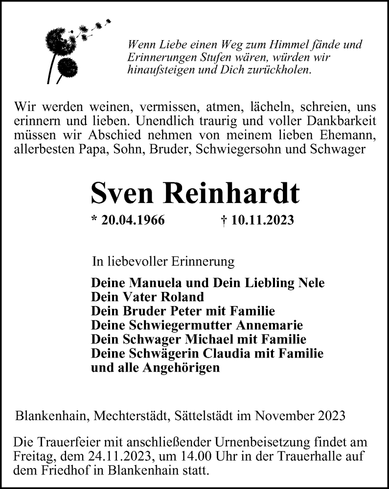  Traueranzeige für Sven Reinhardt vom 18.11.2023 aus Thüringer Allgemeine, Thüringische Landeszeitung