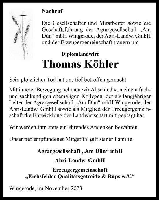 Traueranzeige von Thomas Köhler von Thüringer Allgemeine