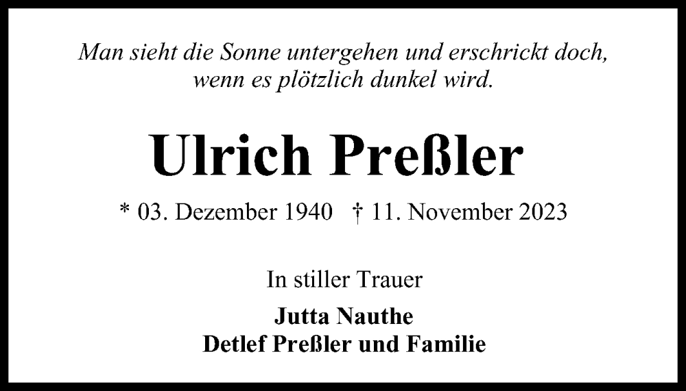  Traueranzeige für Ulrich Preßler vom 25.11.2023 aus Thüringer Allgemeine, Thüringische Landeszeitung
