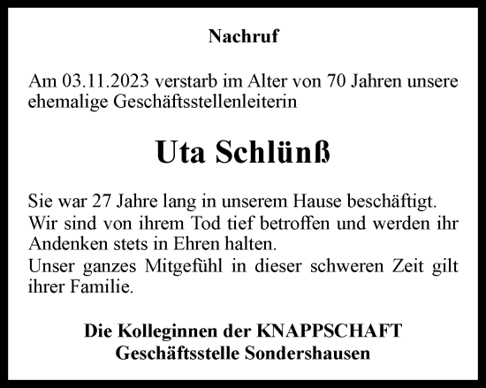 Traueranzeige von Uta Schlünß