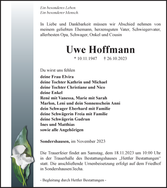 Traueranzeige von Uwe Hoffmann von Thüringer Allgemeine