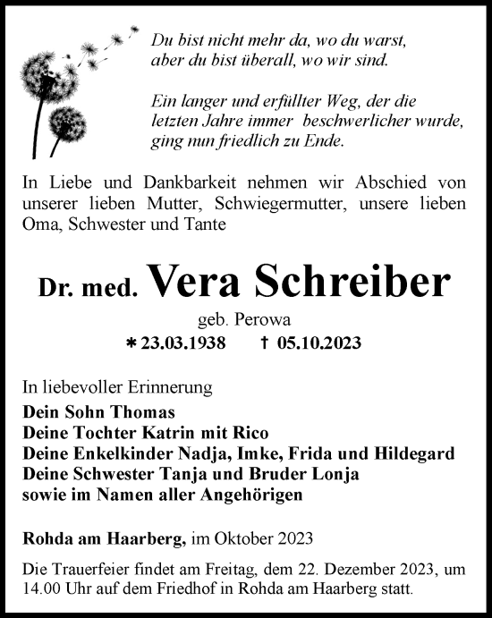 Traueranzeige von Vera Schreiber von Thüringer Allgemeine, Thüringische Landeszeitung