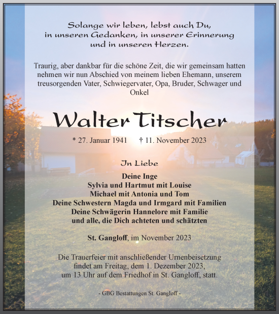 Traueranzeige von Walter Titscher von Ostthüringer Zeitung