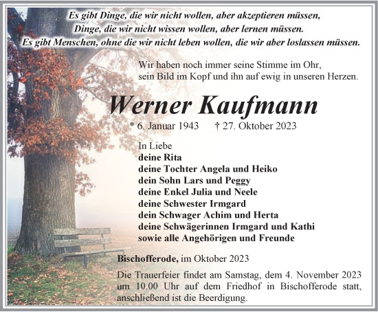 Traueranzeige von Werner Kaufmann von Thüringer Allgemeine