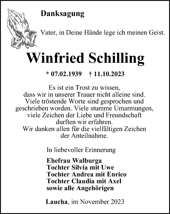 Traueranzeige von Winfried Schilling von Thüringer Allgemeine, Thüringische Landeszeitung