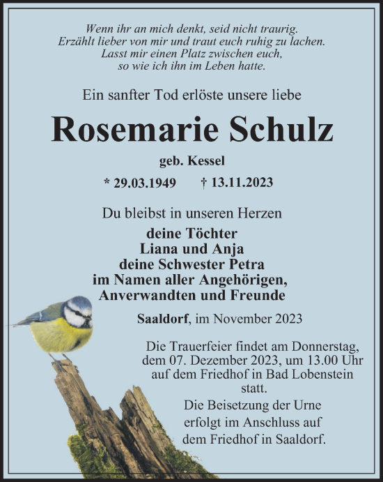 Traueranzeige von Rosemarie Schulz  