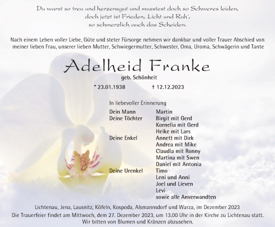 Traueranzeige von Adelheid Franke