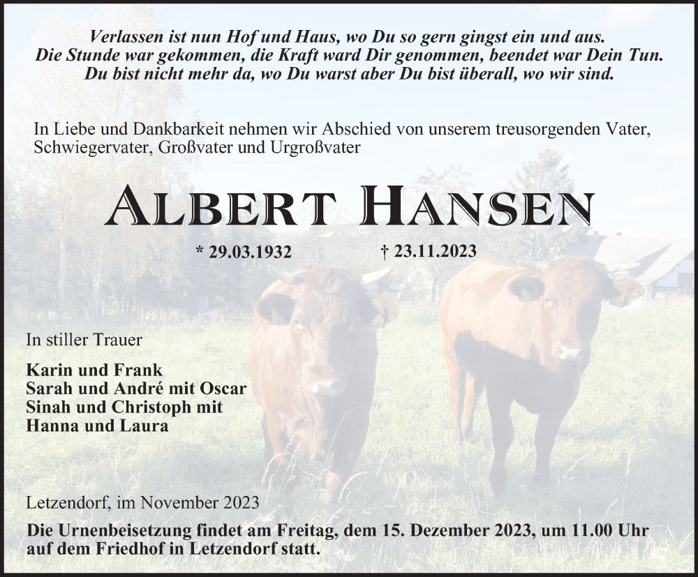  Traueranzeige für Albert Hansen vom 02.12.2023 aus Ostthüringer Zeitung