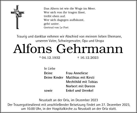 Traueranzeige von Alfons Gehrmann