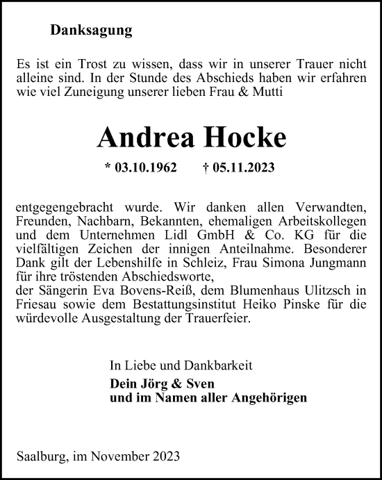 Traueranzeige von Andrea Hocke von Ostthüringer Zeitung