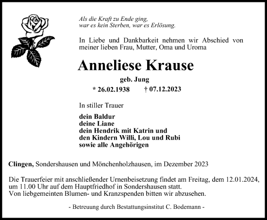 Traueranzeige von Anneliese Krause von Thüringer Allgemeine