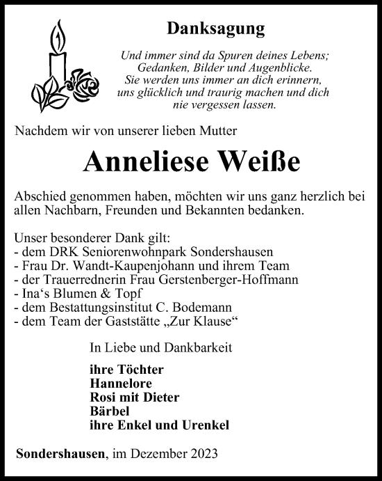 Traueranzeige von Anneliese Weiße von Thüringer Allgemeine