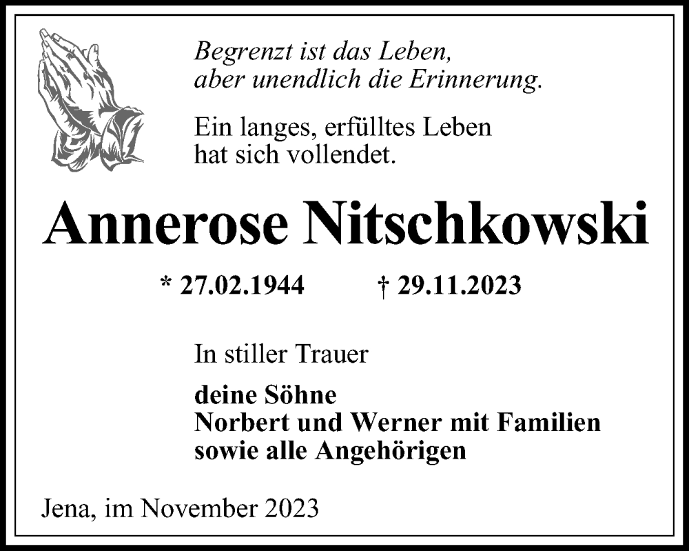  Traueranzeige für Annerose Nitschkowski vom 02.12.2023 aus Ostthüringer Zeitung, Thüringische Landeszeitung