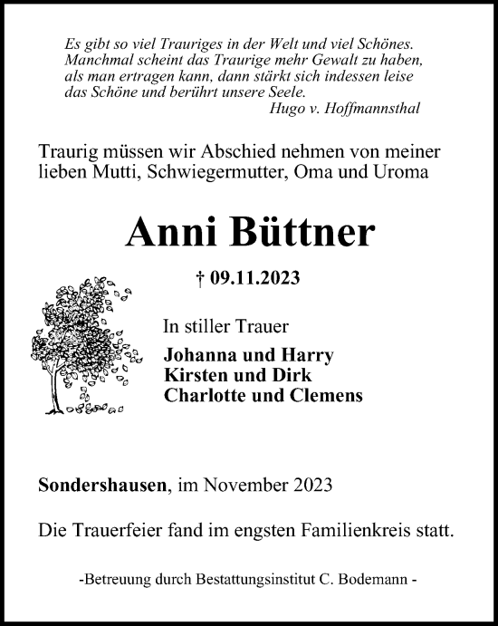 Traueranzeige von Anni Büttner