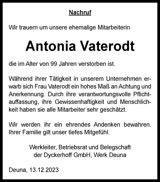 Traueranzeige von Antonia Vaterodt von Thüringer Allgemeine