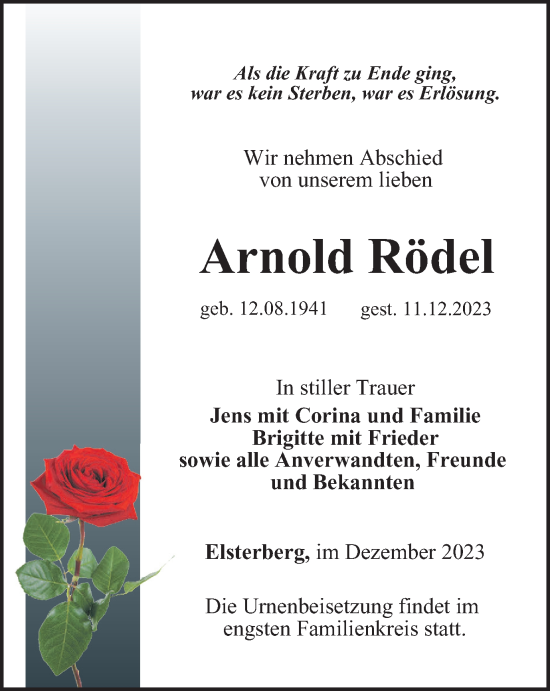 Traueranzeige von Arnold Rödel von Ostthüringer Zeitung