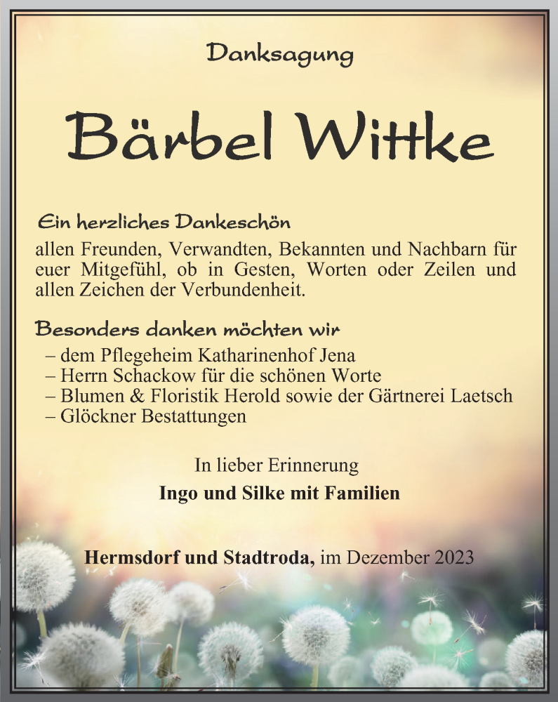  Traueranzeige für Bärbel Wittke vom 02.12.2023 aus Ostthüringer Zeitung