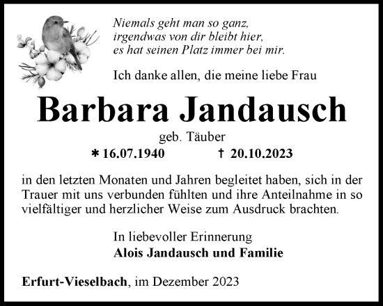 Traueranzeige von Barbara Jandausch von Thüringer Allgemeine, Thüringische Landeszeitung