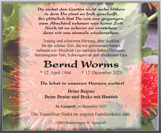 Traueranzeige von Bernd Worms von Ostthüringer Zeitung