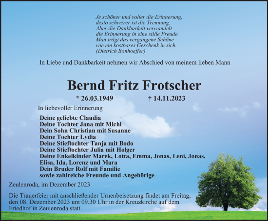 Traueranzeige von Bernd Fritz Frotscher von Ostthüringer Zeitung