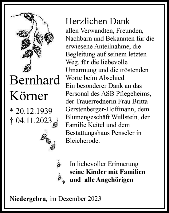 Traueranzeige von Bernhard Körner von Thüringer Allgemeine