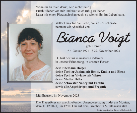 Traueranzeige von Bianca Voigt von Thüringer Allgemeine, Thüringische Landeszeitung