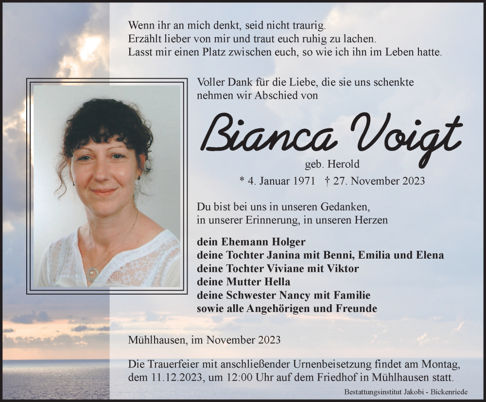  Traueranzeige für Bianca Voigt vom 02.12.2023 aus Thüringer Allgemeine, Thüringische Landeszeitung