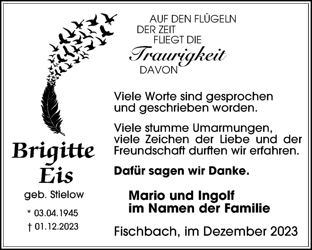  Traueranzeige für Brigitte Eis vom 16.12.2023 aus Thüringer Allgemeine, Thüringische Landeszeitung