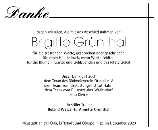 Traueranzeige von Brigitte Grünthal