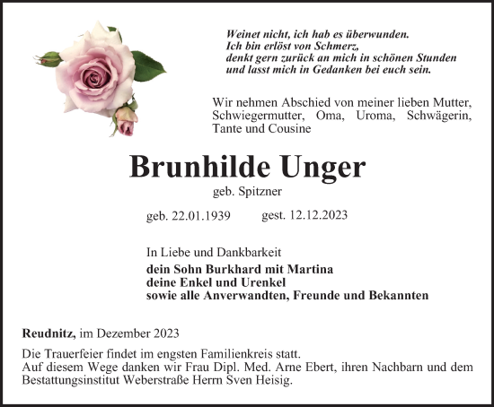 Traueranzeige von Brunhilde Unger