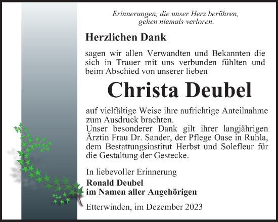 Traueranzeige von Christa Deubel von Thüringer Allgemeine, Thüringische Landeszeitung