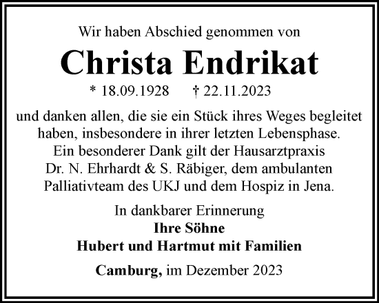 Traueranzeige von Christa Endrikat von Ostthüringer Zeitung, Thüringische Landeszeitung