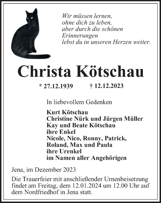 Traueranzeige von Christa Kötschau von Ostthüringer Zeitung, Thüringische Landeszeitung