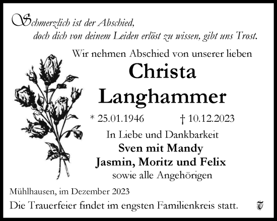 Traueranzeige von Christa Langhammer von Thüringer Allgemeine, Thüringische Landeszeitung