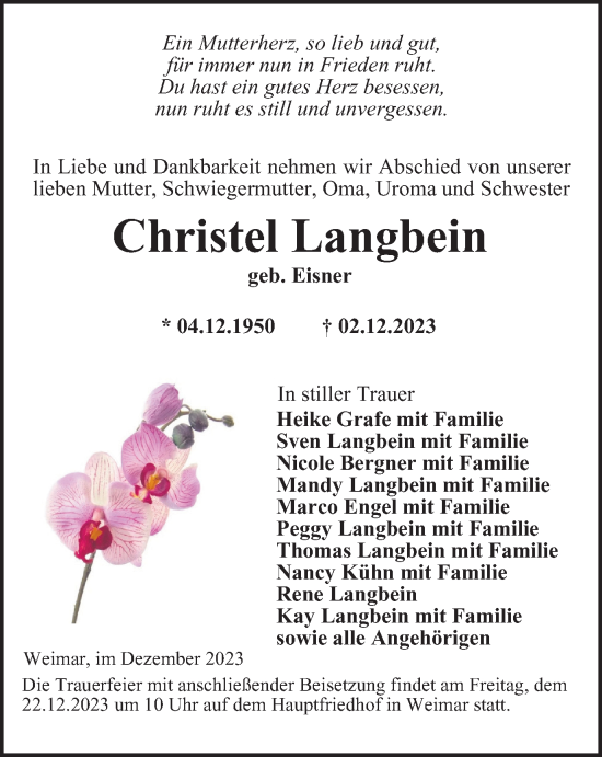 Traueranzeige von Christel Langbein von Thüringer Allgemeine, Thüringische Landeszeitung