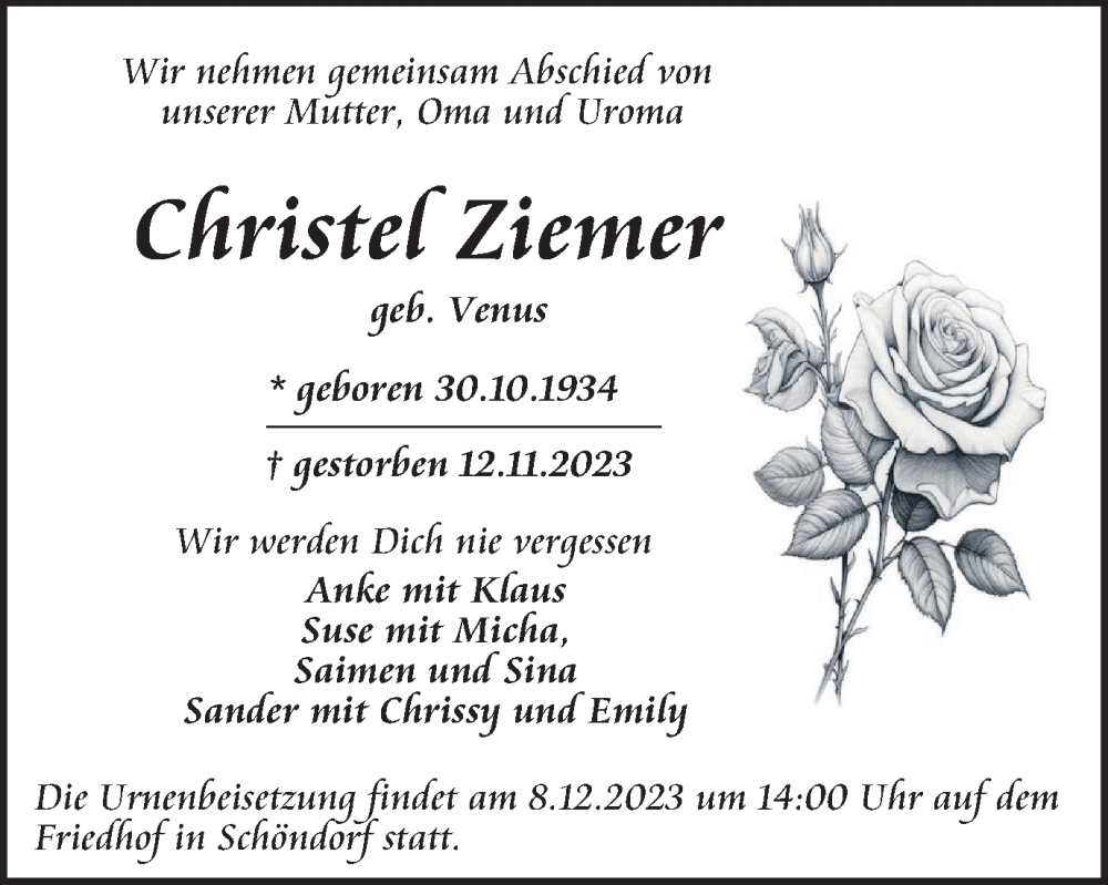  Traueranzeige für Christer Ziemer vom 02.12.2023 aus Thüringer Allgemeine, Thüringische Landeszeitung