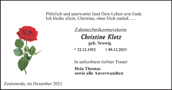 Traueranzeige von Christine Klotz von Ostthüringer Zeitung